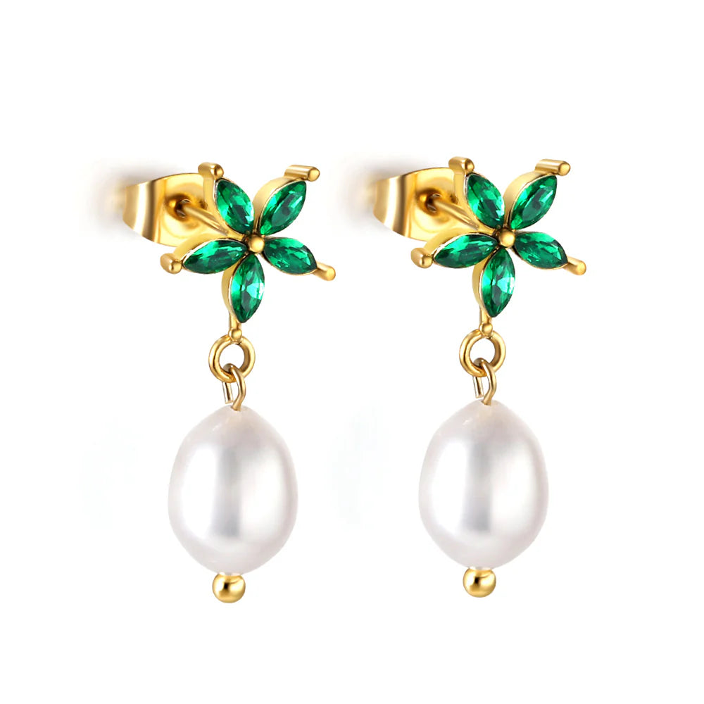 Green Star with Hanging Pearl Earrings