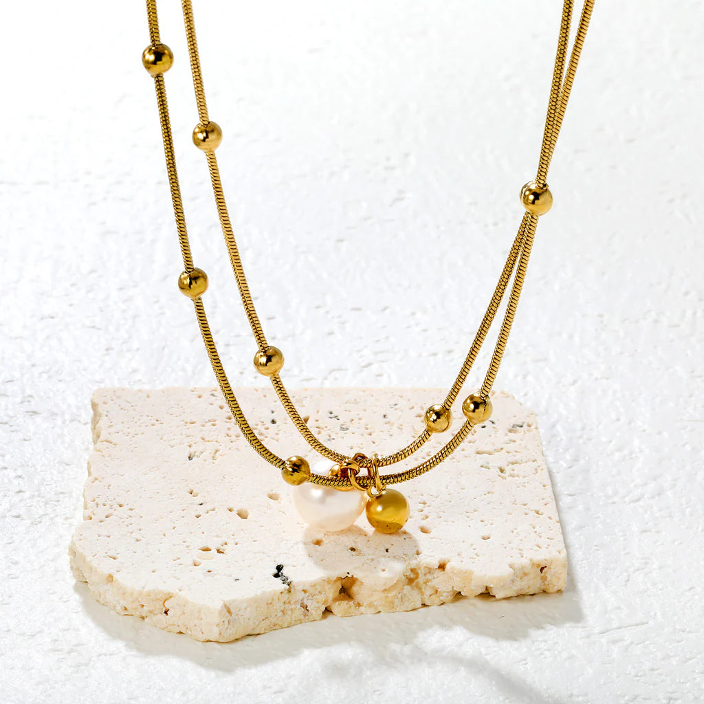 Double Pearl and Beaded Necklace